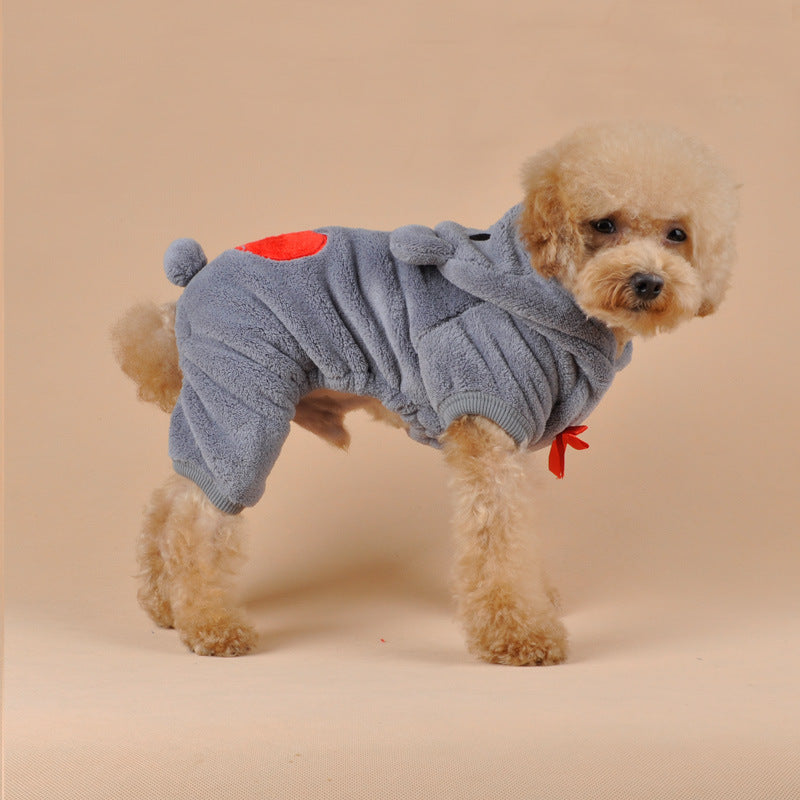 Cute Bear Four-Leg Dog Pajamas – Soft Coral Fleece Outfit