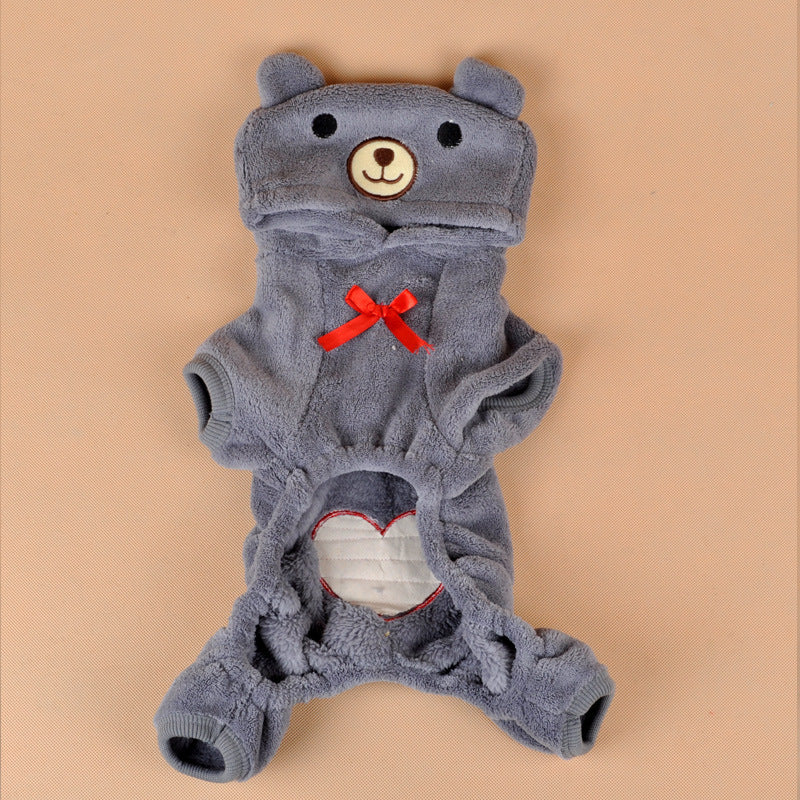 Cute Bear Four-Leg Dog Pajamas – Soft Coral Fleece Outfit